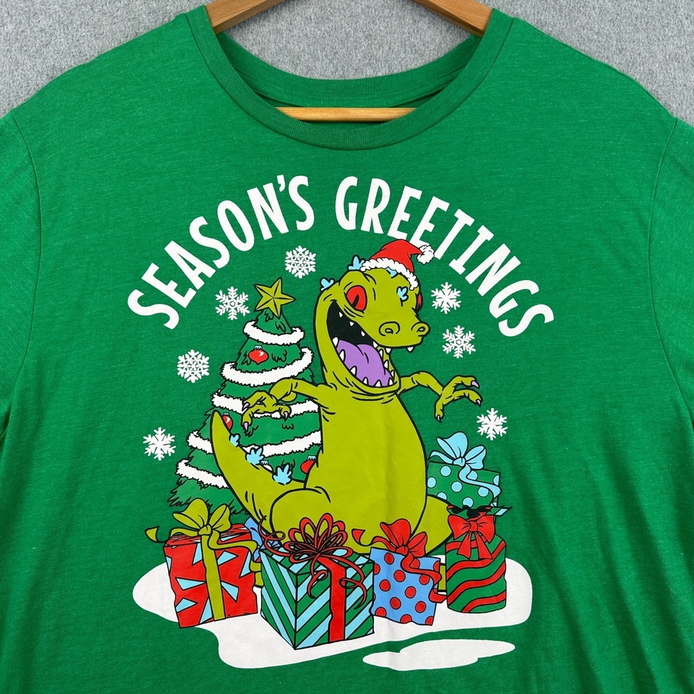 Nickelodeon T Shirt Mens Medium Green Rugrats Reptar Christmas Seasons Greetings
